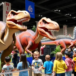 Families enjoying the Jurassic Quest exhibit with life-sized dinosaurs