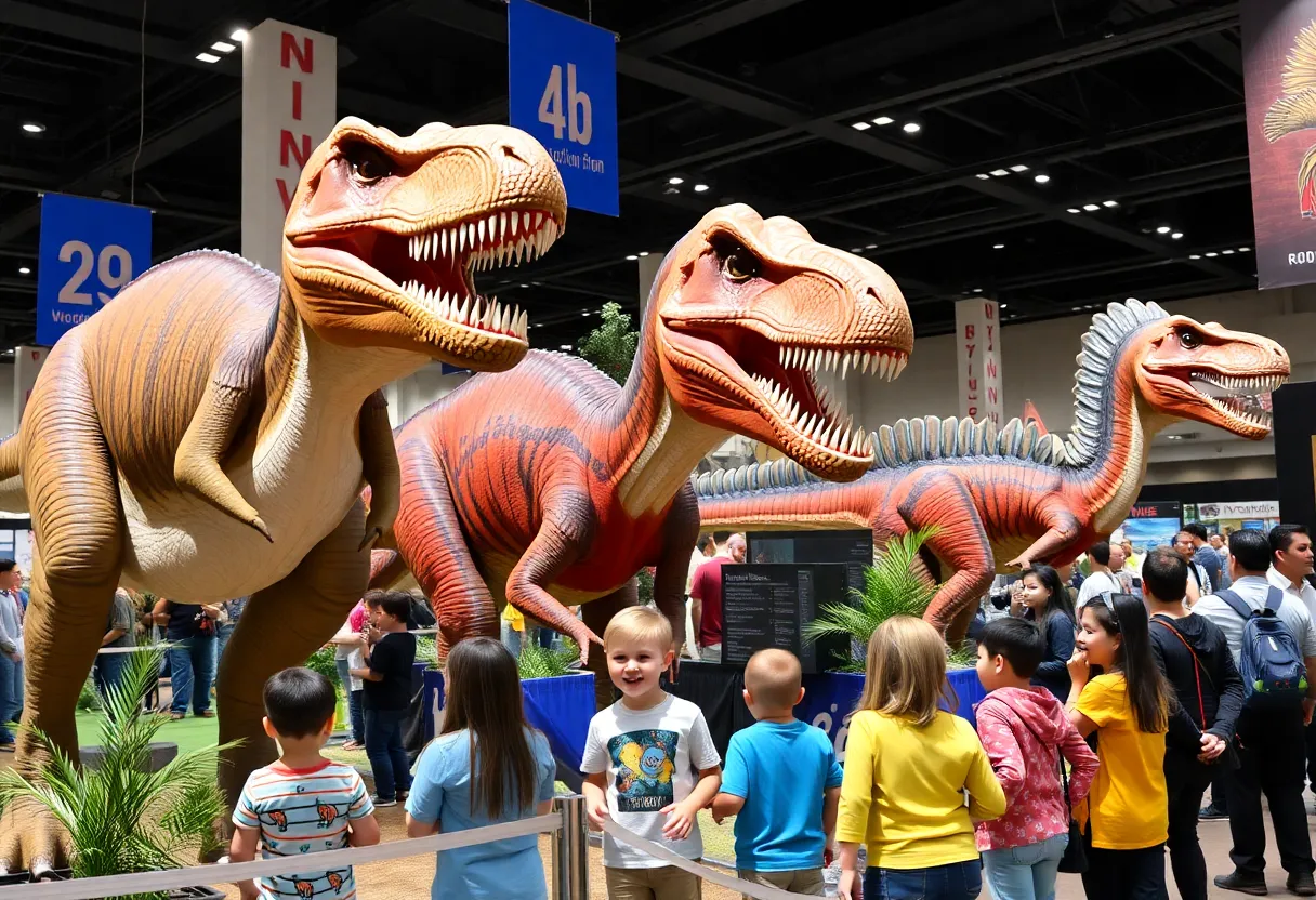 Families enjoying the Jurassic Quest exhibit with life-sized dinosaurs