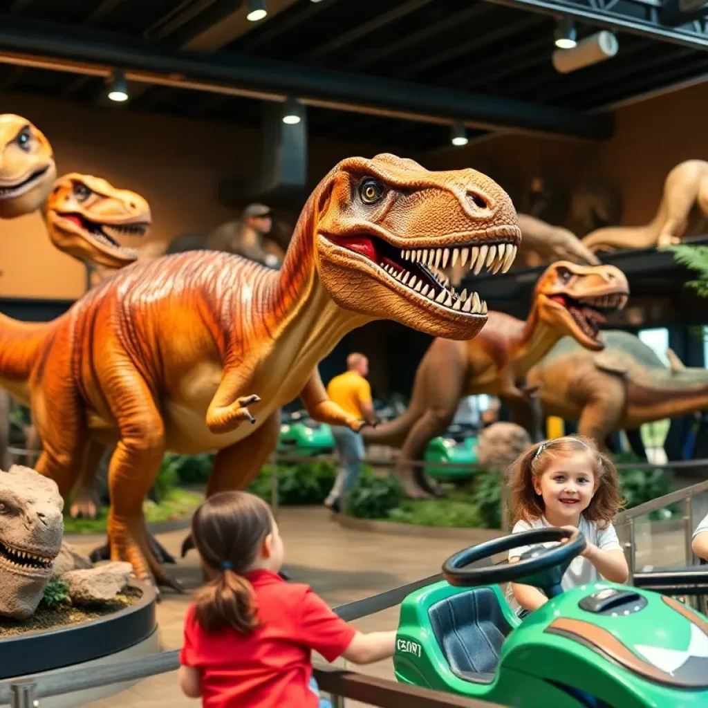 Family enjoying the Jurassic Quest exhibition with life-sized dinosaurs