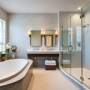 A luxurious bathroom with a soaking tub and walk-in shower