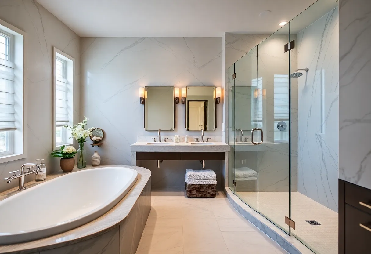 A luxurious bathroom with a soaking tub and walk-in shower