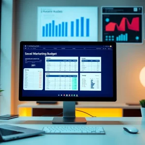 Screen displaying various marketing budget templates and graphs for budget management