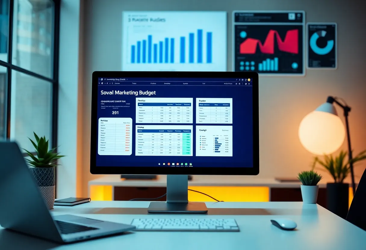 Screen displaying various marketing budget templates and graphs for budget management