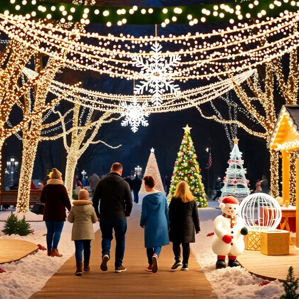 Families celebrating during Metro Detroit holiday events with lights and winter decorations.