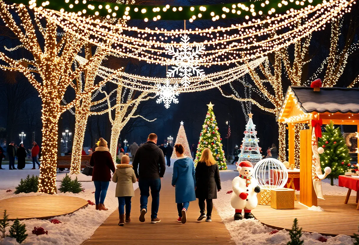 Families celebrating during Metro Detroit holiday events with lights and winter decorations.