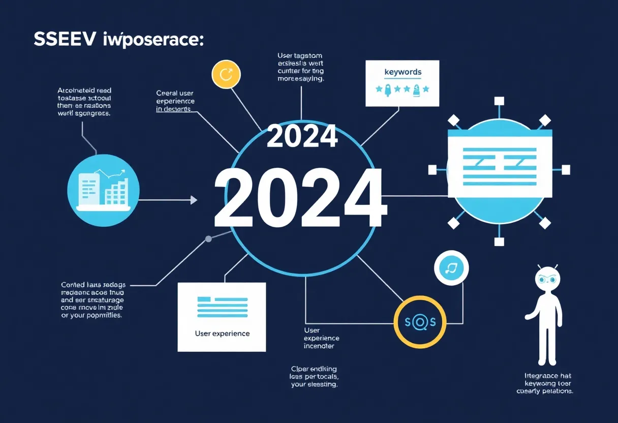 Illustration of SEO strategies for 2024 showcasing keywords and AI.