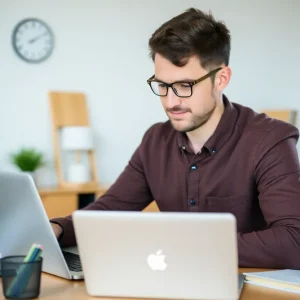 A small business owner engaging with ChatGPT on a laptop