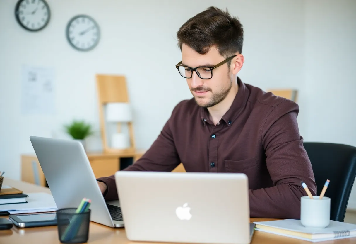 A small business owner engaging with ChatGPT on a laptop