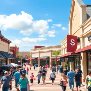 Busy Tanger Factory Outlet Center filled with shoppers