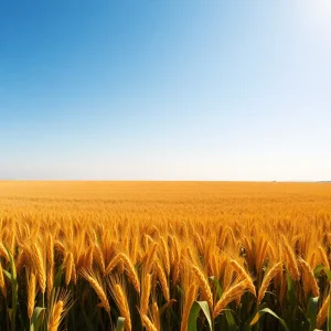 Vast golden wheat and corn fields with a sparse soybean field representing agricultural exports.