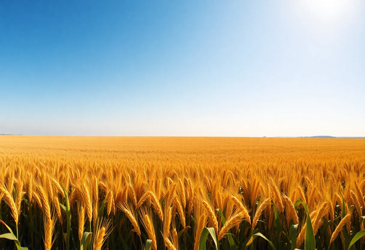 Vast golden wheat and corn fields with a sparse soybean field representing agricultural exports.