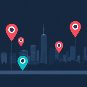 City skyline with location pins and digital marketing symbols.