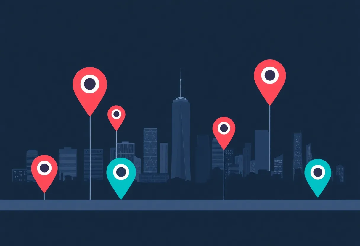 City skyline with location pins and digital marketing symbols.