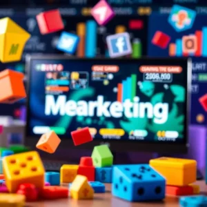 Colorful game elements overlaying a digital marketing workspace.