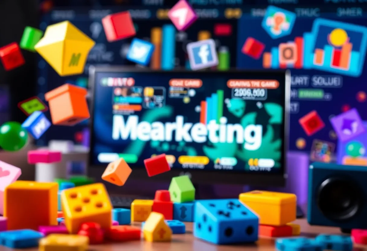 Colorful game elements overlaying a digital marketing workspace.