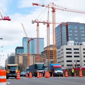 Construction site in Ann Arbor with cranes and barriers