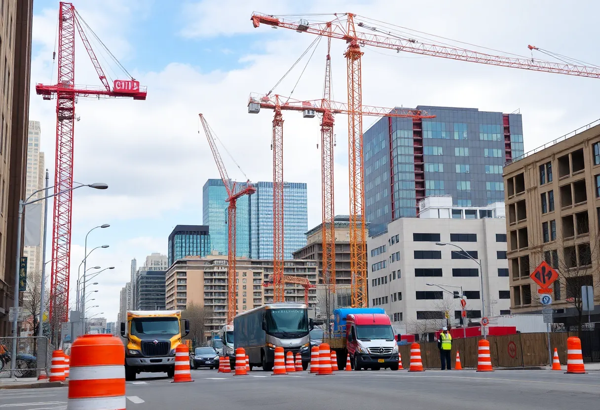 Construction site in Ann Arbor with cranes and barriers