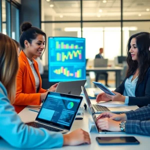 Professionals discussing B2B digital marketing strategies in a modern office.