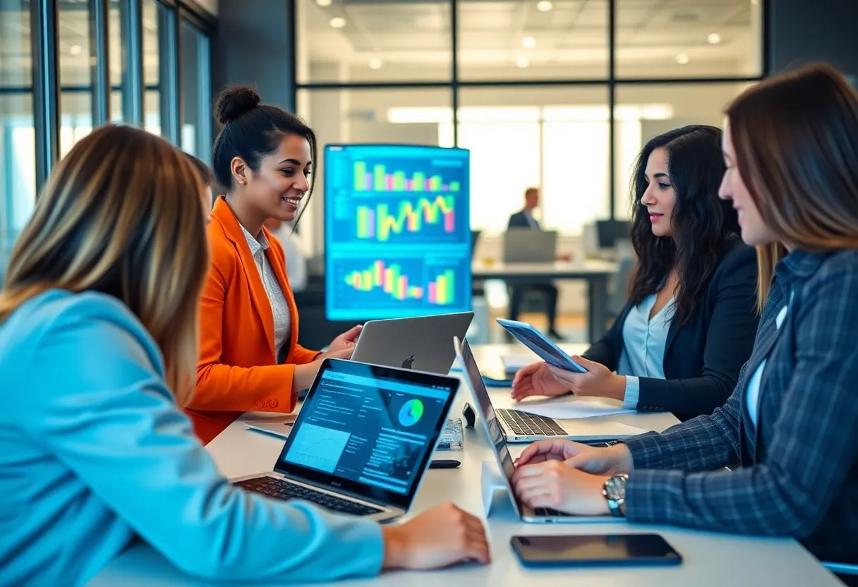 Professionals discussing B2B digital marketing strategies in a modern office.