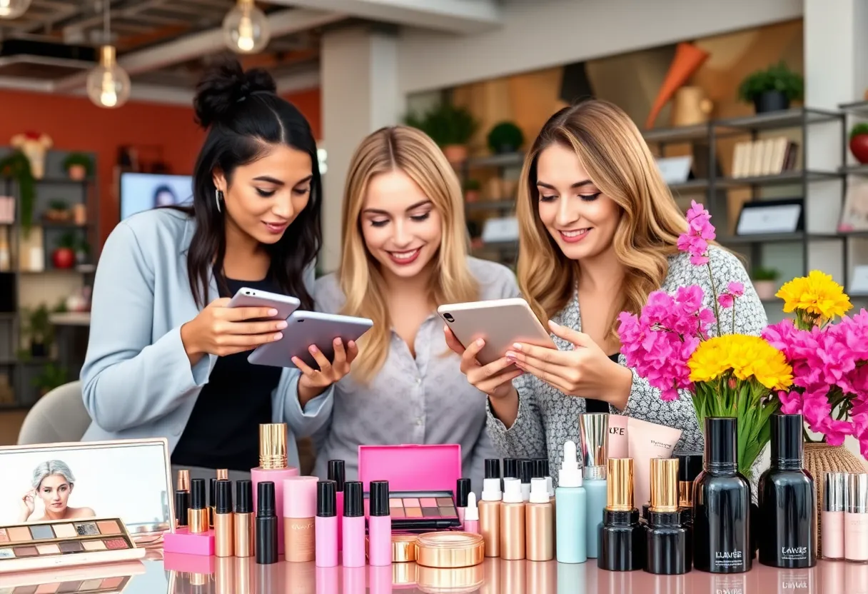 Collaborative scene at a beauty influencer marketing agency in 2025