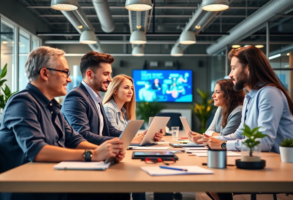 Team in a digital marketing office collaborating on strategies.