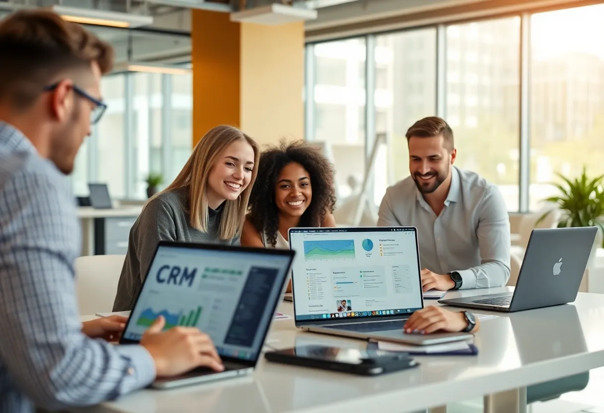 Team discussing marketing strategies with CRM software in a modern office