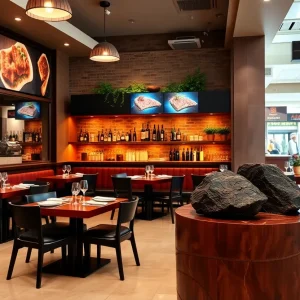 Interior view of Black Rock Bar & Grill with dining tables and volcanic rocks.