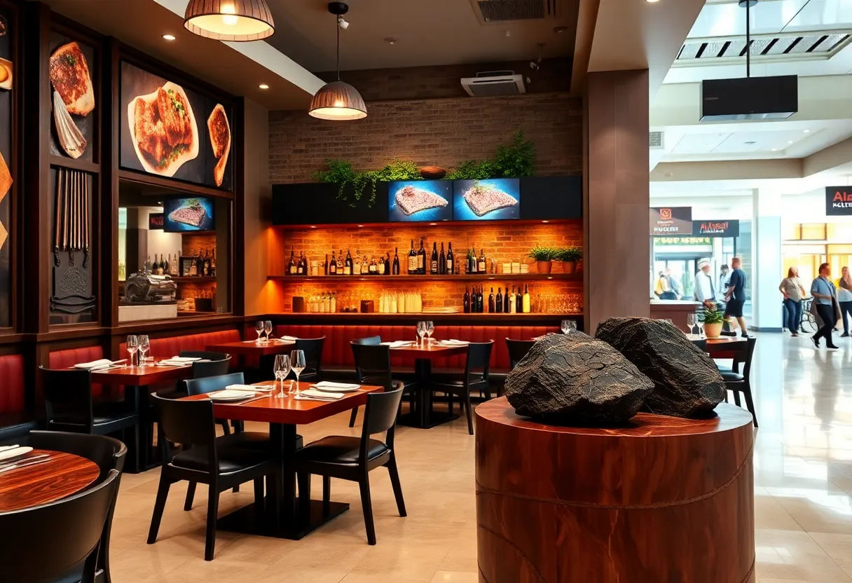 Interior view of Black Rock Bar & Grill with dining tables and volcanic rocks.