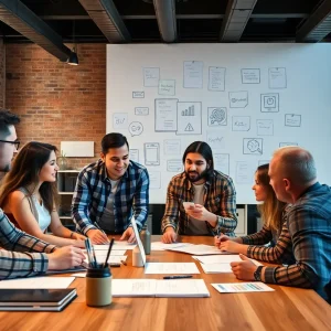 Team discussing brand building strategies with AI technology