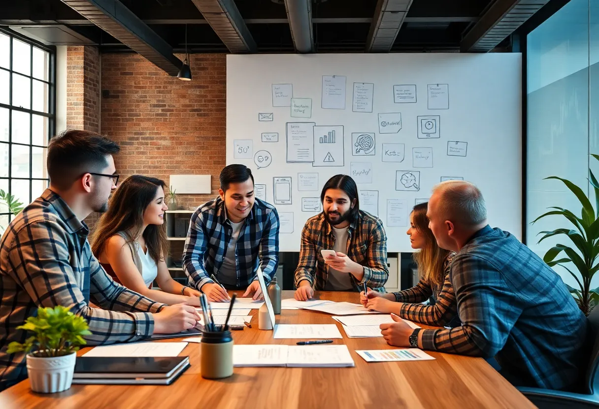 Team discussing brand building strategies with AI technology