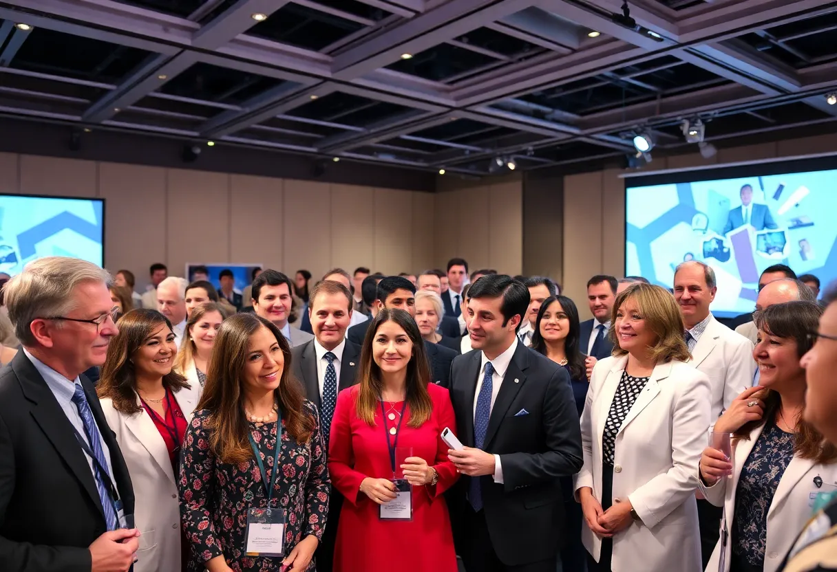 A diverse group of scientists being celebrated at an award ceremony.