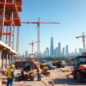 Construction workers actively working at a construction site with cranes and materials.