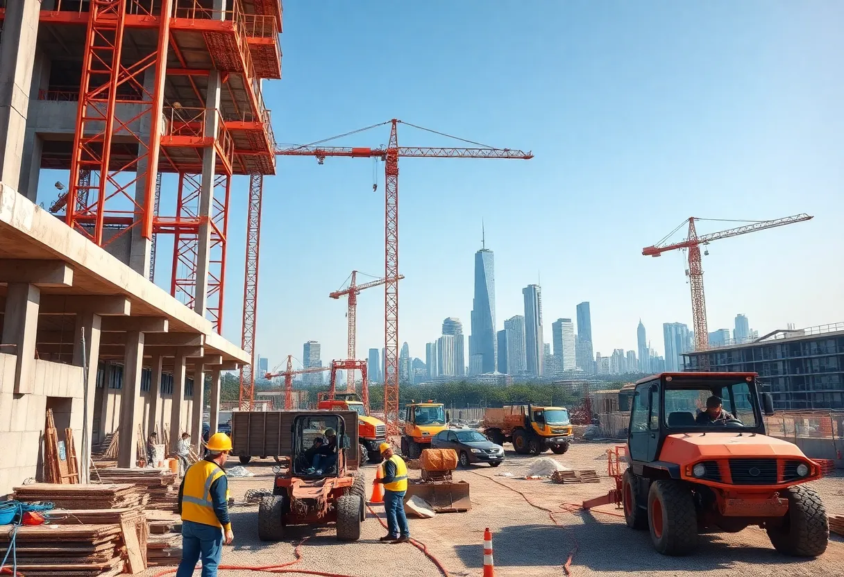 Construction workers actively working at a construction site with cranes and materials.