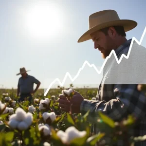 Farmer in a cotton field analyzing market trends.