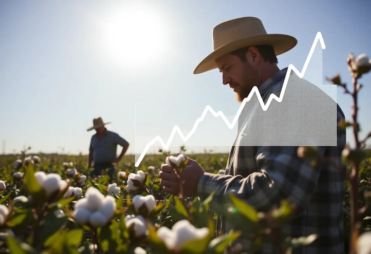 Farmer in a cotton field analyzing market trends.