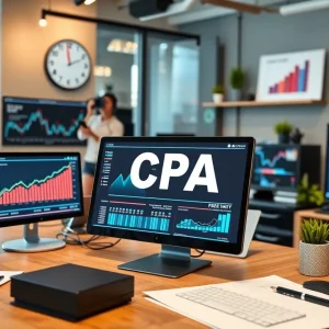 A digital marketing workspace showcasing CPA marketing strategies