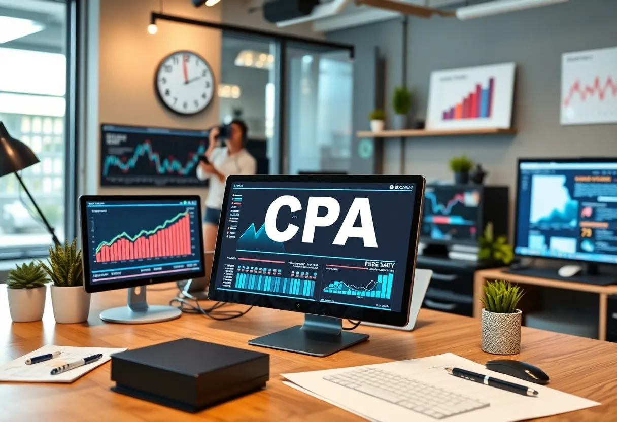 A digital marketing workspace showcasing CPA marketing strategies