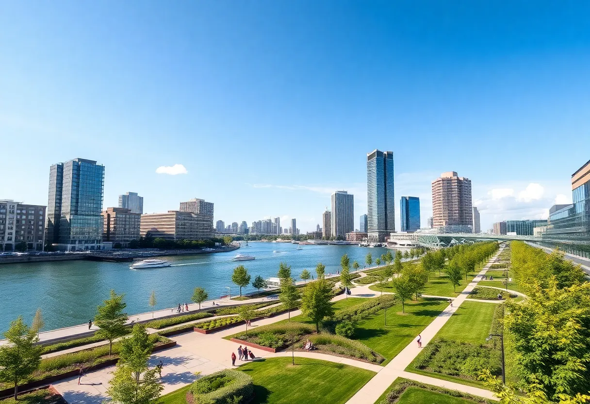 View of the developing Detroit Riverfront with greenery and modern buildings.