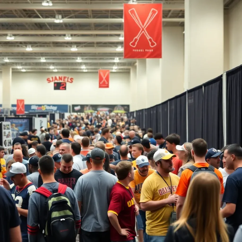 Sports fans enjoying the Detroit Sports Spectacular 2025 event with booths and athletes in the background.