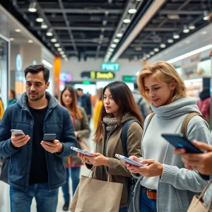 Futuristic retail environment with AI shopping assistants