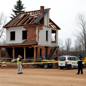 Construction workers and police at a site where human remains were found.