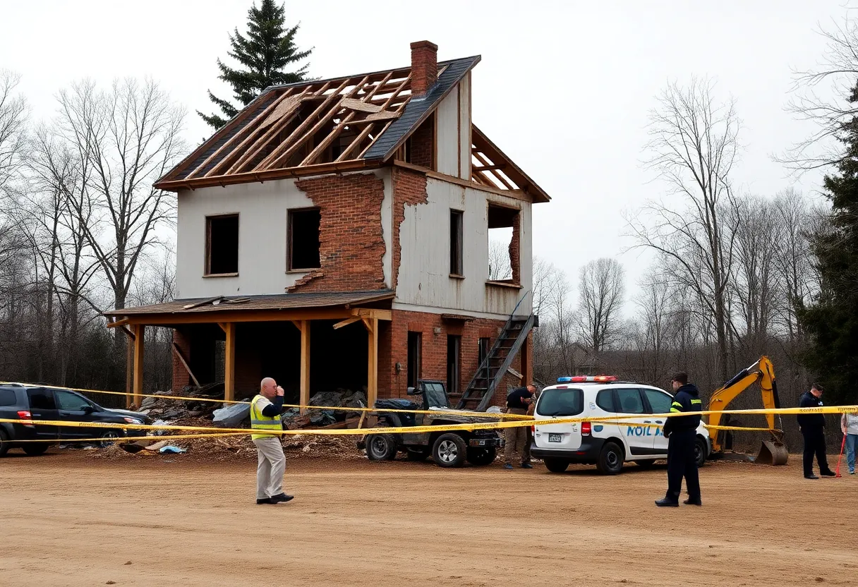 Construction workers and police at a site where human remains were found.