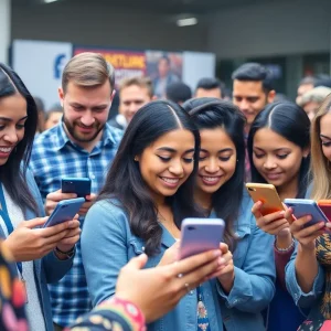 Group of diverse individuals engaging with Facebook on their mobile phones.