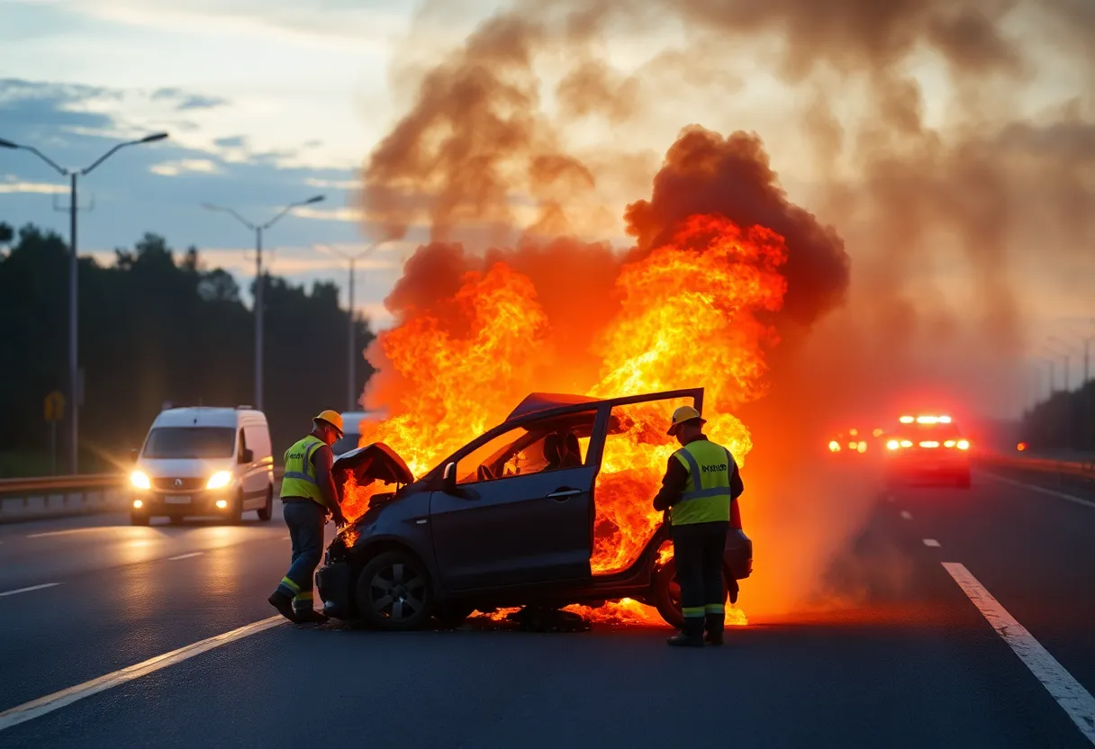 Fiery crash scene on Interstate 696 in Farmington Hills