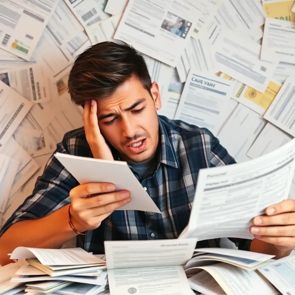 Person examining credit card bills showing financial stress