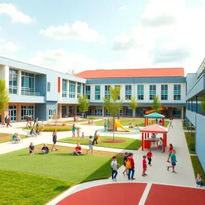 Renovated Flint Community Schools with modern architecture and community hub.