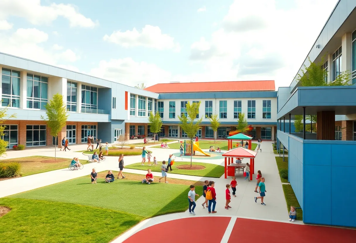 Renovated Flint Community Schools with modern architecture and community hub.