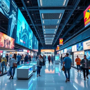 A vibrant retail environment featuring digital screens