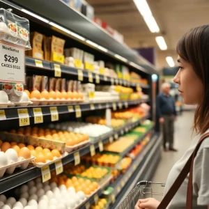 Cage-free eggs with price tags in a grocery store