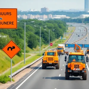 Construction site of I-696 with workers and equipment